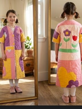 Upcycled vtg Quilt blanket Coat Girls 8 duster hearts flowers original h…